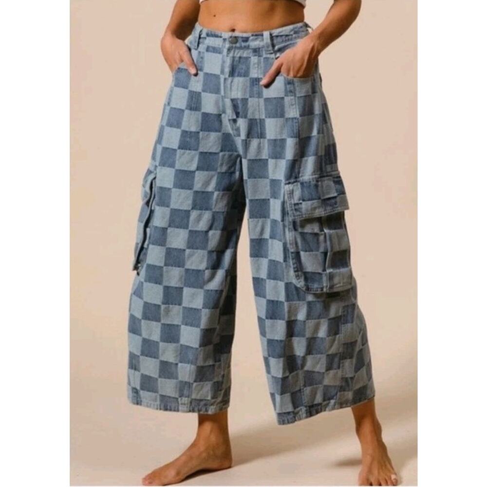 BiBi Wide Leg Jeans Womens Small Blue Light Wash High Rise Checkered Cargo Crop - Picture 2 of 13